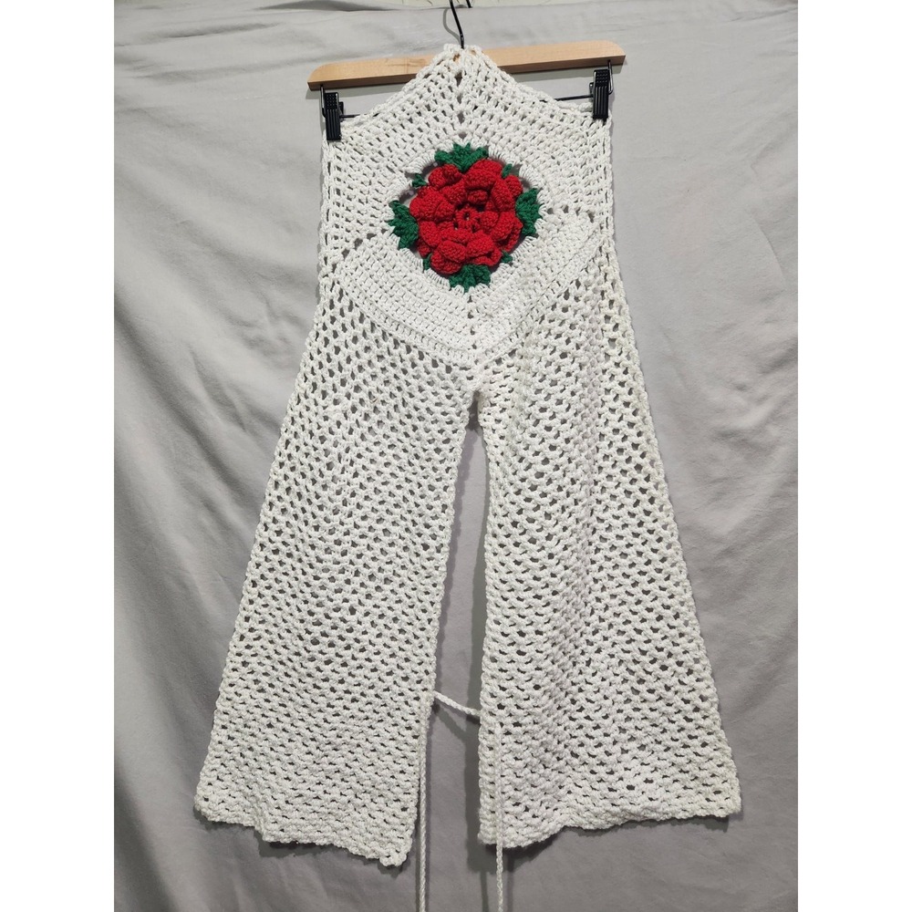Handmade Crocheted Christmas Holiday Scarf Shawl Wrap 3D Red Rose‎ Grannycore